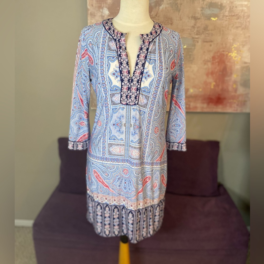 BCBG MaxAzria Hayden Long‎ Sleeve  Dress Blue, White and Pink Size S